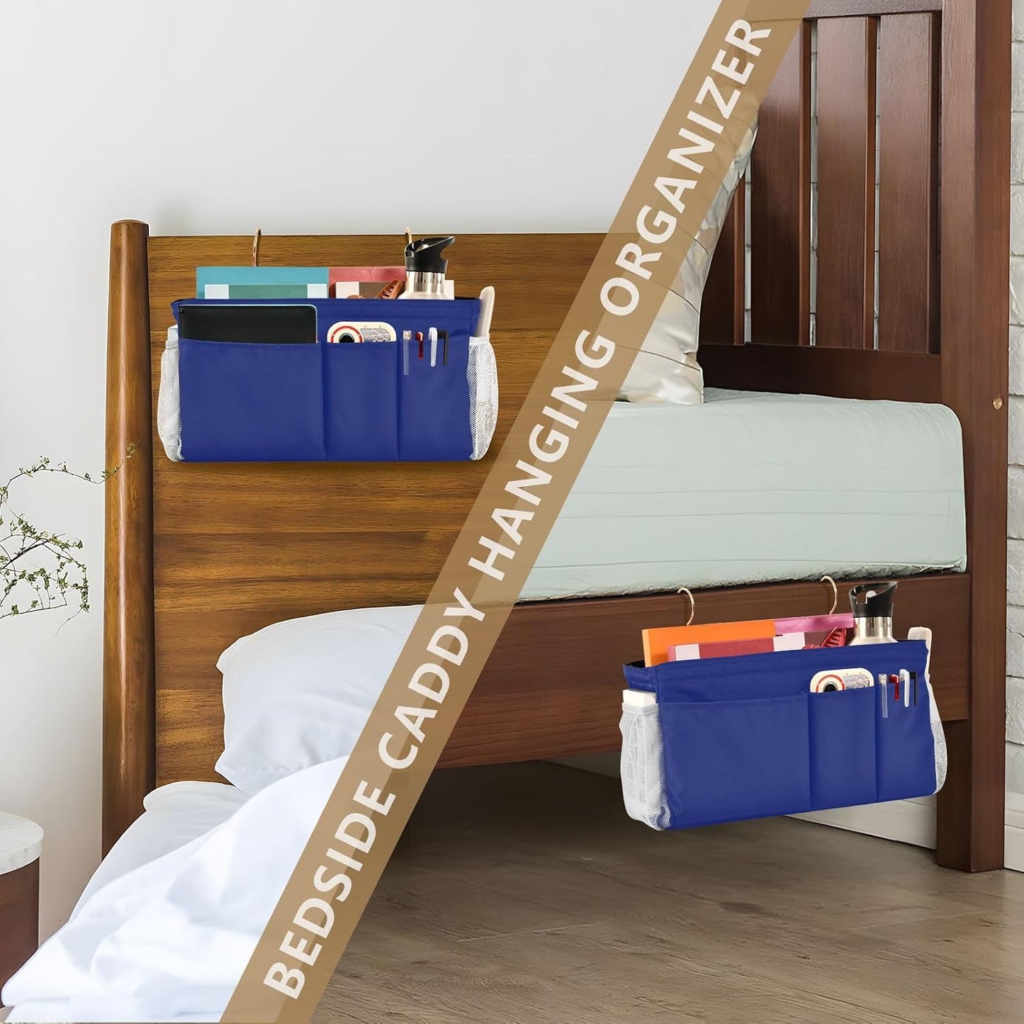 Black Bedside Caddy Storage Bag Bedside Organizer for Bed Rails College Dorm Room Organizer Caddy Hanging Shelf 6 Pockets with Hooks for Drinks Magazine Phone Holder