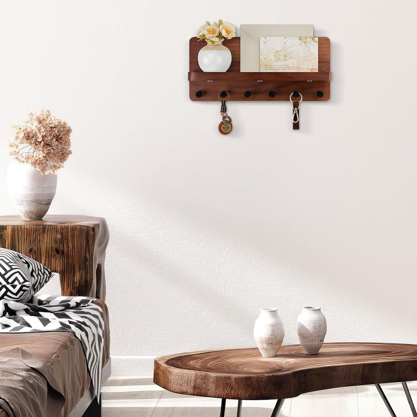 Nekon Key Holder for Wall with Shelf, Pine Wooden Key Hanger, Black | Small Wall Mounted Key Holder with 4 Hooks, Farmhouse Wall Organizer for Home Entryway & Apartment