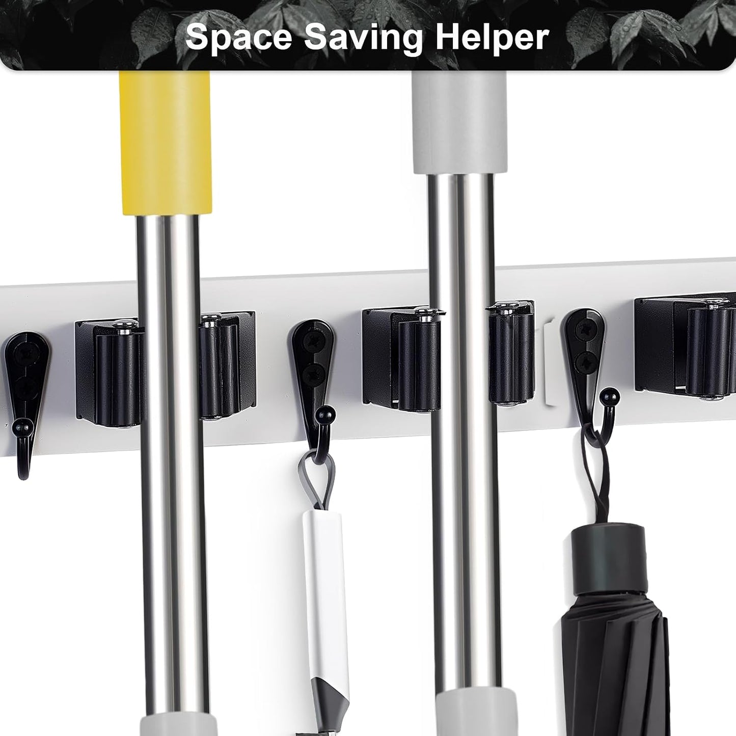 FunCee Broom Holder Wall Mount With 5 Slots & 4 Hooks，Rustic Wood Broom & Mop Hanger，Wall Mounted Garden & Garage Tool Storage Organizer Rack for Closet Laundry Room or Kitchen Wall Decor