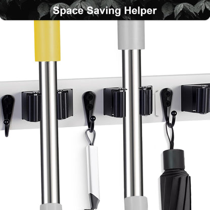 FunCee Broom Holder Wall Mount With 5 Slots & 4 Hooks，Rustic Wood Broom & Mop Hanger，Wall Mounted Garden & Garage Tool Storage Organizer Rack for Closet Laundry Room or Kitchen Wall Decor