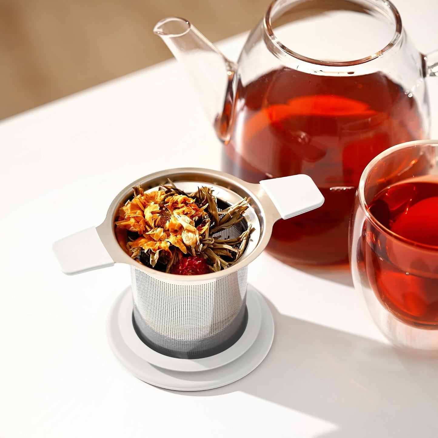 Stainless Steel Tea Infuser for Loose Leaf Tea – Extra Fine Mesh Strainer with Heat Proof Double Handles & Lid, Reusable Filter Fits Mugs, Cups & Teapots, Gray
