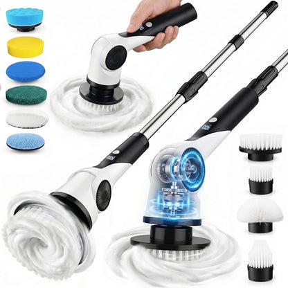 Electric Spin Scrubber, 3-Speed Shower Scrubber with Long Handle & 10 Replaceable Brush Heads, Cordless Full-Body IPX7 Waterproof Shower Cleaner Brush with 90 Mins Runtime for Bathroom
