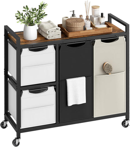 HOOBRO Laundry Sorter with 4 Section, 39 Gal. (147 L) Laundry Hamper with Wheels, Rolling Laundry Basket with Shelf, Pull-Out Detachable Bags, Side Pockets, Rustic Brown, Black and Beige BFE14XY01N1