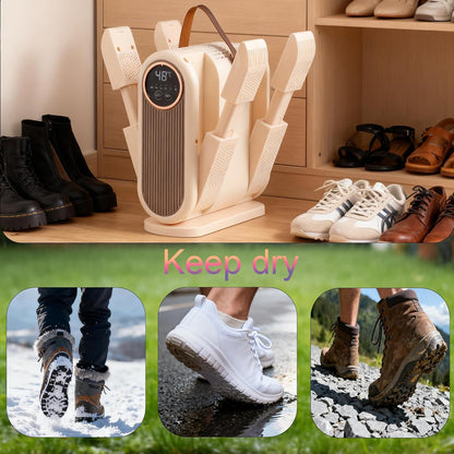 Portable Boot Dryer Folds for easy storage Constant-temperature dehumidification Features aromatherapy deodorization 360-minute timer 4 boot heaters Suitable for work boots ski boots sneakers socks