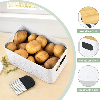 Kitchen Vegetable Storage Set of 3, Metal Onion Garlic Potato Storage Set, Kitchen Canisters Vegetable Keeper Containers with Aerating Holes and Bamboo Lid,Black