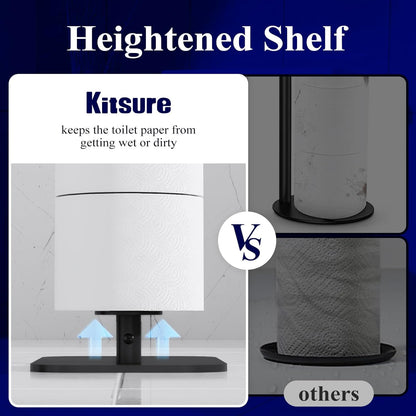 Kitsure Metal Toilet Paper Holder Free Standing, Medium, Black | Rustproof Toilet Paper Stand for 4 Rolls, Bathroom Organizers and Storage with Anti-Slip Base and Plastic Shelf