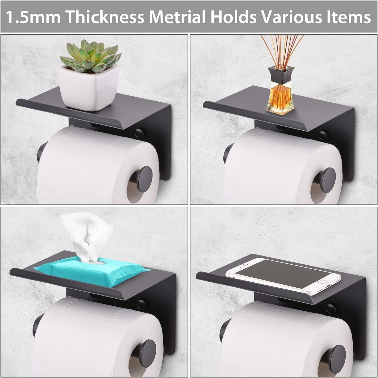 WDFAACK Chrome Toilet Paper Holder with Shelf for Extra Storage, 2-in-1 Wall Mounted Bathroom Tissue Stand for Cell Phone and Small Items