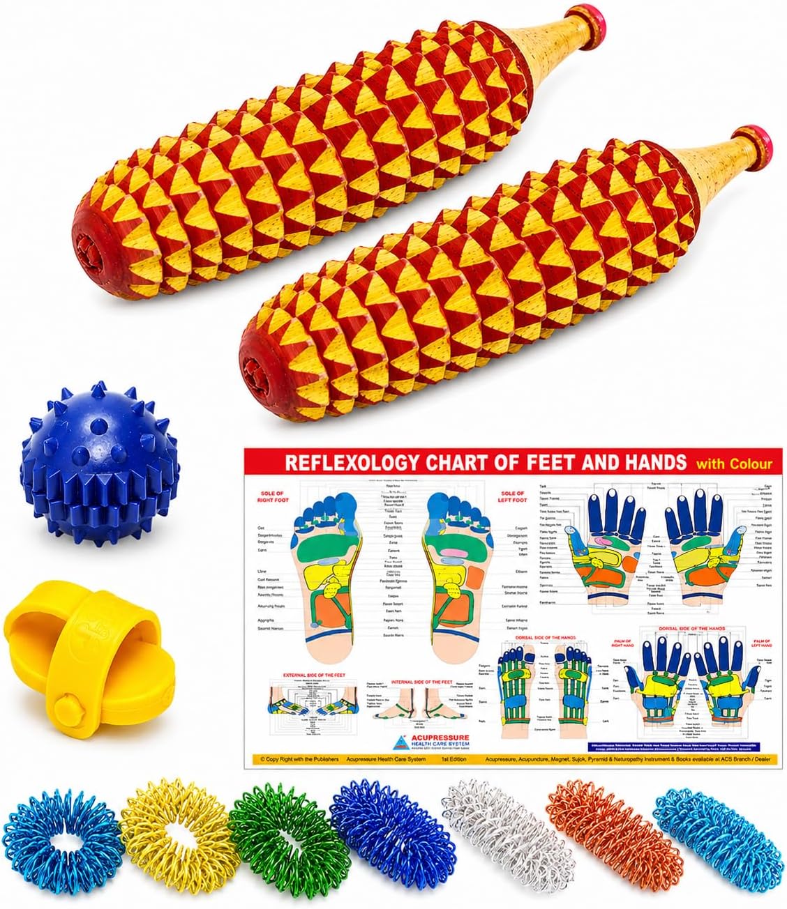 BOSKY Handmade Wooden Ancient Acupressure Spiked Hand Massage Exercise Therapy Deep Tissue Set of 2 Pcs, Spiky Ball and Rings with Reflexology Chart (AS-2)