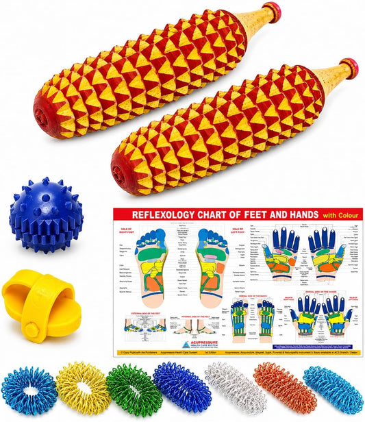 BOSKY Handmade Wooden Ancient Acupressure Spiked Hand Massage Exercise Therapy Deep Tissue Set of 2 Pcs, Spiky Ball and Rings with Reflexology Chart (AS-2)