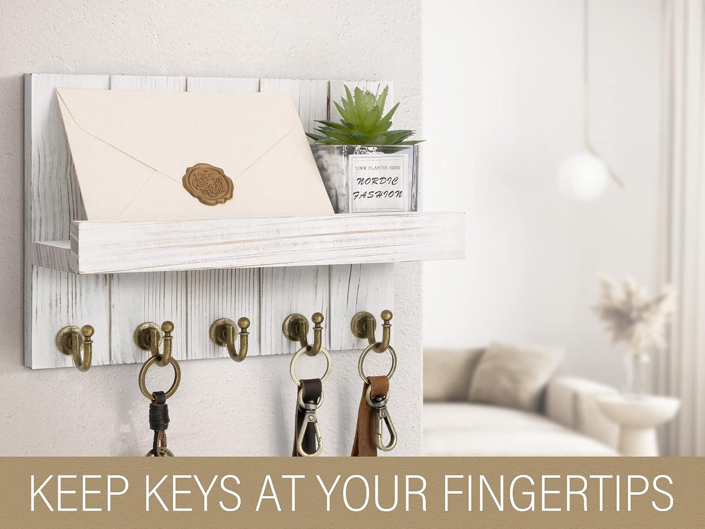 Rebee Vision Key Holder Wall Mount with 5 Key Hooks for Home Decor, Brown | 3.54'' x 10'' x 7.28'', Small Shelf for Display Plant, Key Hangers for Hat, Entryway Space-Saving Storage