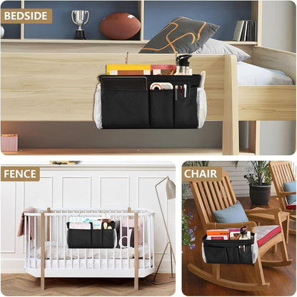 Black Bedside Caddy Storage Bag Bedside Organizer for Bed Rails College Dorm Room Organizer Caddy Hanging Shelf 6 Pockets with Hooks for Drinks Magazine Phone Holder