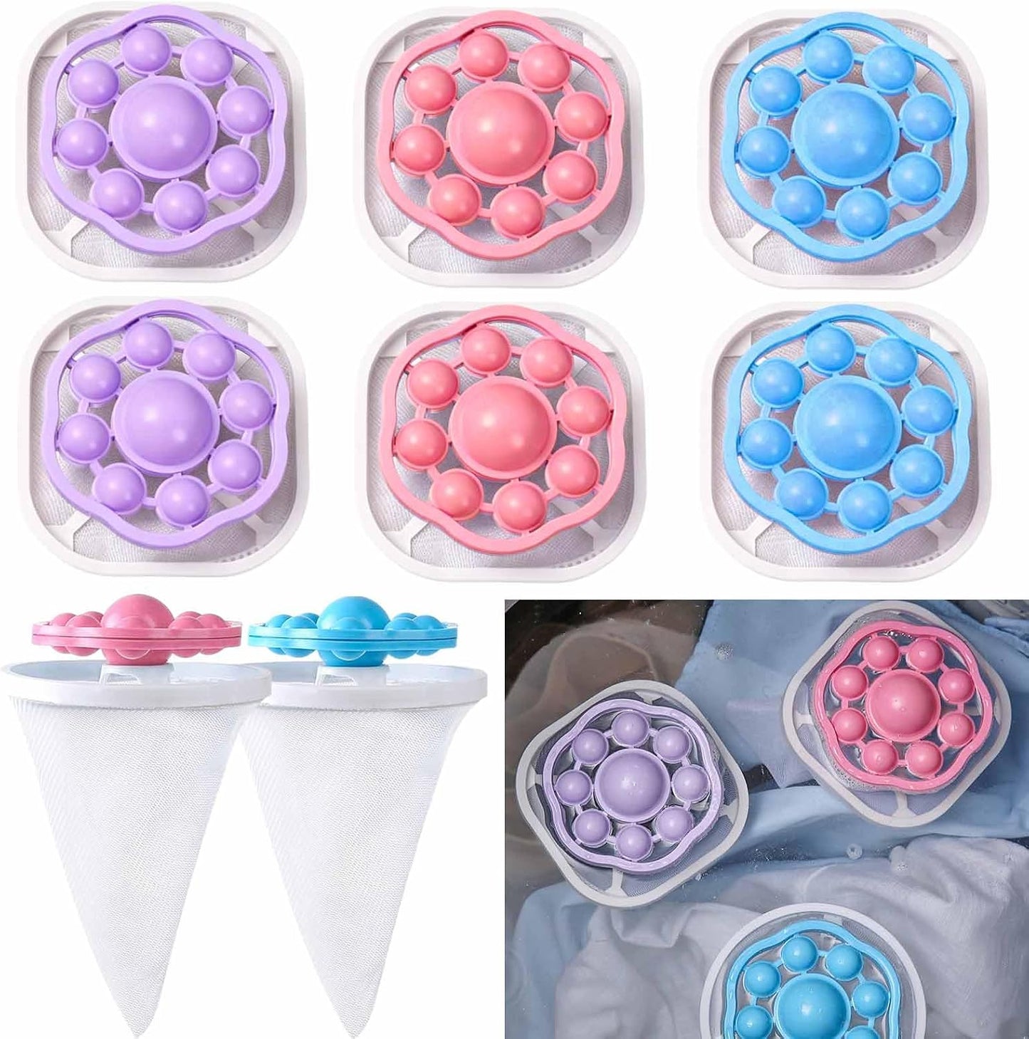 6 PCS Hair Filter Bag Floating Lint Catcher for Washing Machine Pet Hair Catcher Spherical Shape Lint Trap Cleaning Tool Reusable Washing Hair Filter Cleaning Mesh Bag Dog Cat Hair Remover for Laundry