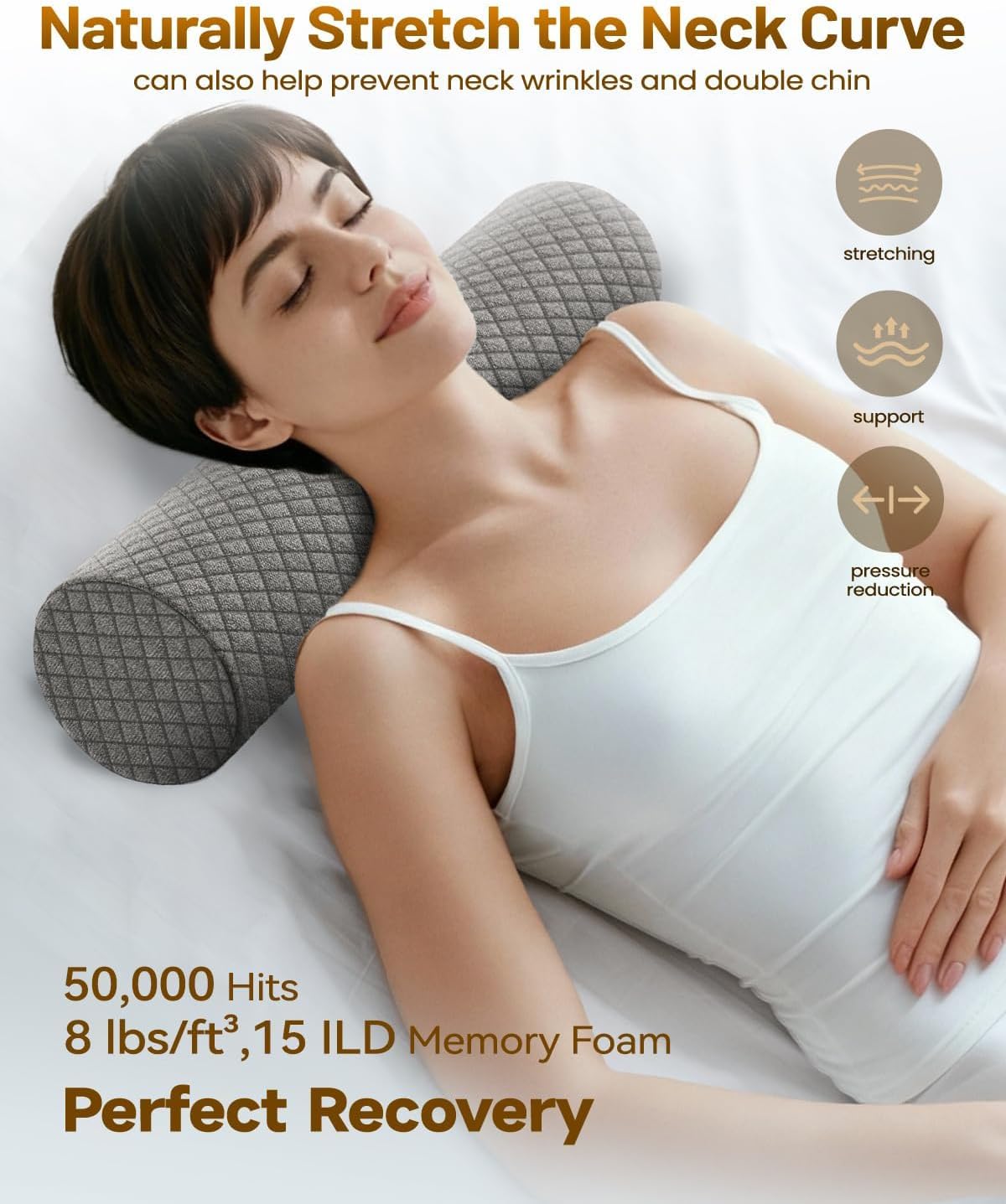 Memory Foam 4" Round Pillow, Cervical Neck Pillow for Pain Relief, Cylinder Pillows 18"x 4", Removable Cover, Neck Roll Pillow for Sleeping, Velvet Dots, Grey