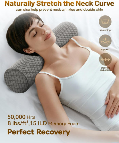 Memory Foam 4" Round Pillow, Cervical Neck Pillow for Pain Relief, Cylinder Pillows 18"x 4", Removable Cover, Neck Roll Pillow for Sleeping, Velvet Dots, Grey
