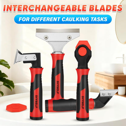DIYSELF 4-in-1 Caulking Remover Tool, Silicone Caulking Tools for Tile, Red | Bathtub Caulking Tool, Shower Caulk Remover Tool, Razor Scraper for Tile, Grout, Windows & Home Repairs