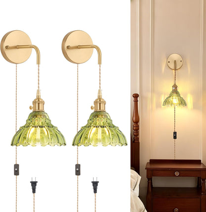 Shenmoyl Battery Operated Wall Sconce Wall Lamp with Green Lily of the Valley Shade Pattern Glass Adjustable Chain Retro Gold Wall Mounted Light, Modern Wall Lamp Fixtures Decor for Bedside Bedroom