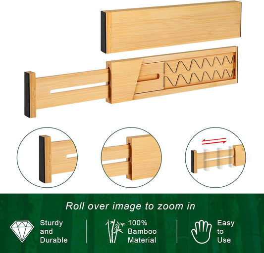 4 Pack Bamboo Drawer Dividers Organizer with Inserts 2.6'' High | Expandable from 12.5-21.7", Adjustable Drawer Organizer Separators for Utensils, Clothing, Office, Dresser, Bedroom, (Beige)
