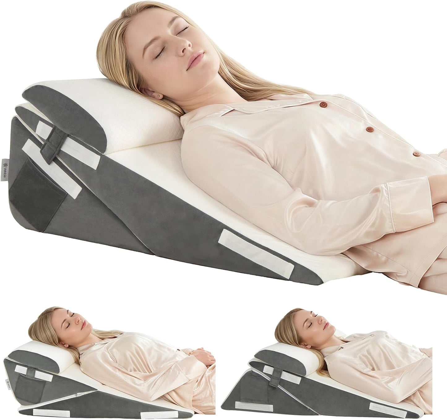 Vekkia 34" Extra-Long Wedge Pillow,7.5" Bed Wedge Pillow for Sleeping,White | Pillow Wedge Back Support for After Surgery, Idea for Acid Reflux,Snoring Relief,Removable Washable Cover&Double Side Pockets