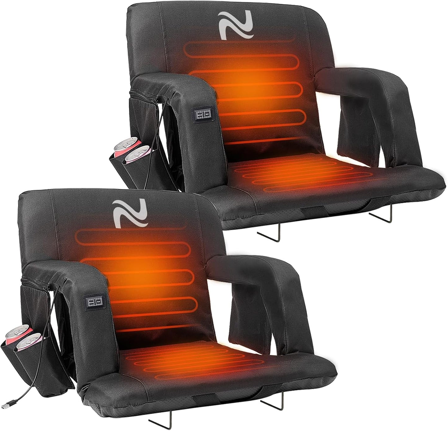 Wide Heated Stadium Seat for Bleachers w/Back Support & Cushion | 5-Position Adjustable Heated Stadium Seat with Armrests, 3 Heat Levels, Anti-Slip, Side Pockets, Backpack Straps (No Battery)