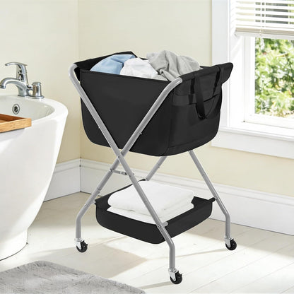 STORAGE MANIAC Collapsible Laundry Cart with Wheels 35.6"H Removable Canvas Bag Rolling Laundry Hamper Clothes Basket with Wheels, Sturdy Steel Frame Folding for Small Narrow Space Easy Storage, Beige
