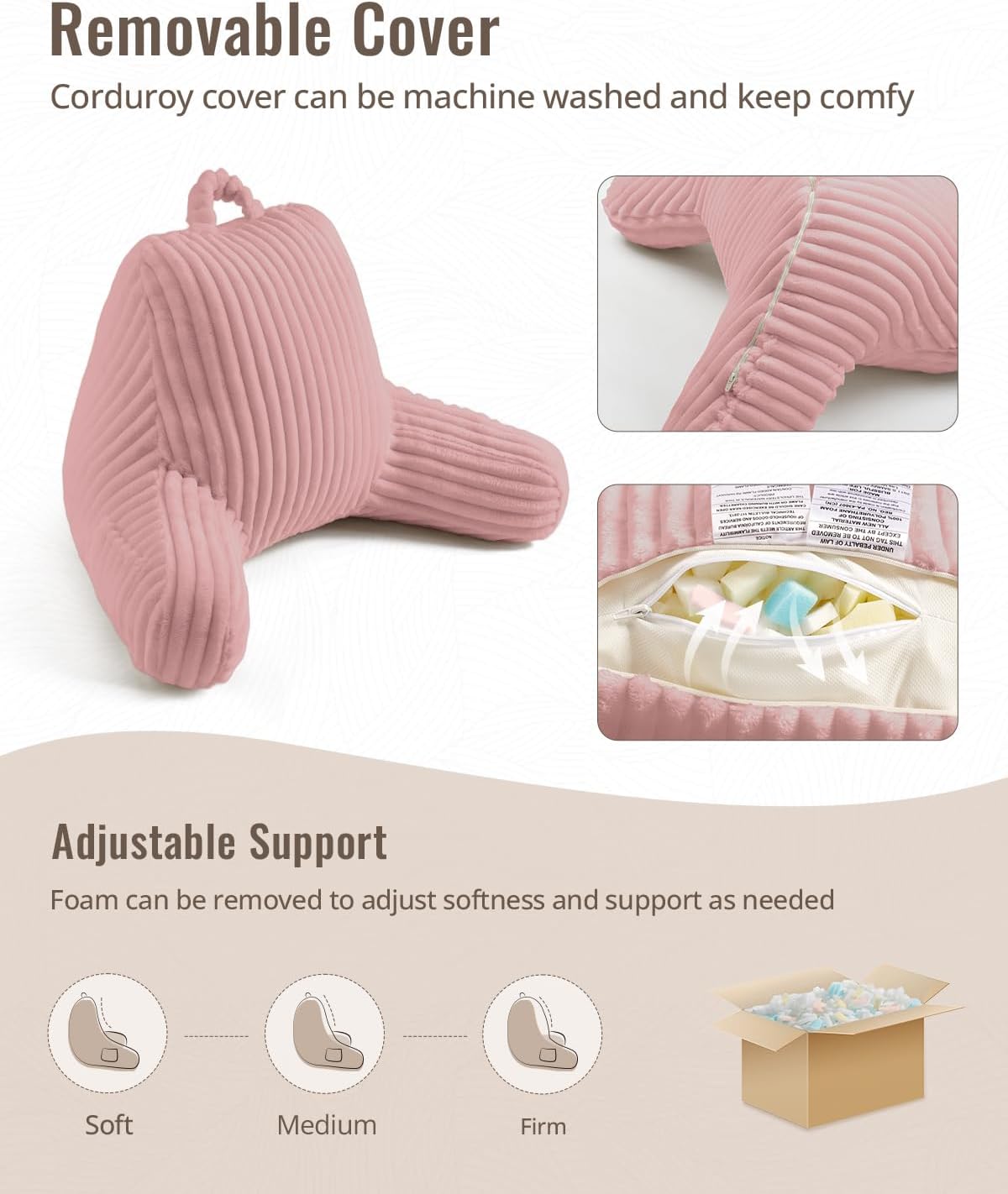 Blissful Diary Reading Pillow, Backrest Pillow with Shredded Memory Foam for Adult & Children, Designed for Bed and Couch Sitting Up, Includes Arms, Pockets and Washable Cover, Off White