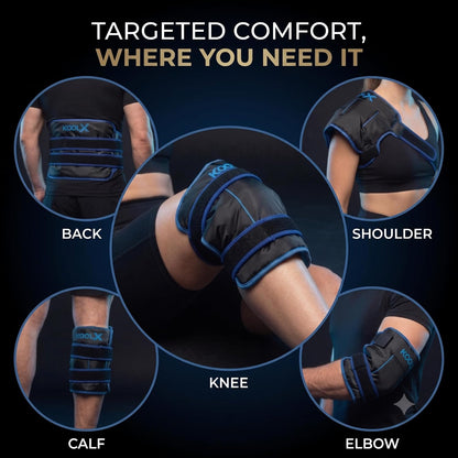 2 Pack KoolX Premium Gel Ice Packs for Injuries Reusable, Flexible Cold Wraps with Straps, Soft Plush & Nylon Sides, Extension Strap, Ice Pack for Knee, Back, Shoulder, Elbow & Calf - Medium + Large