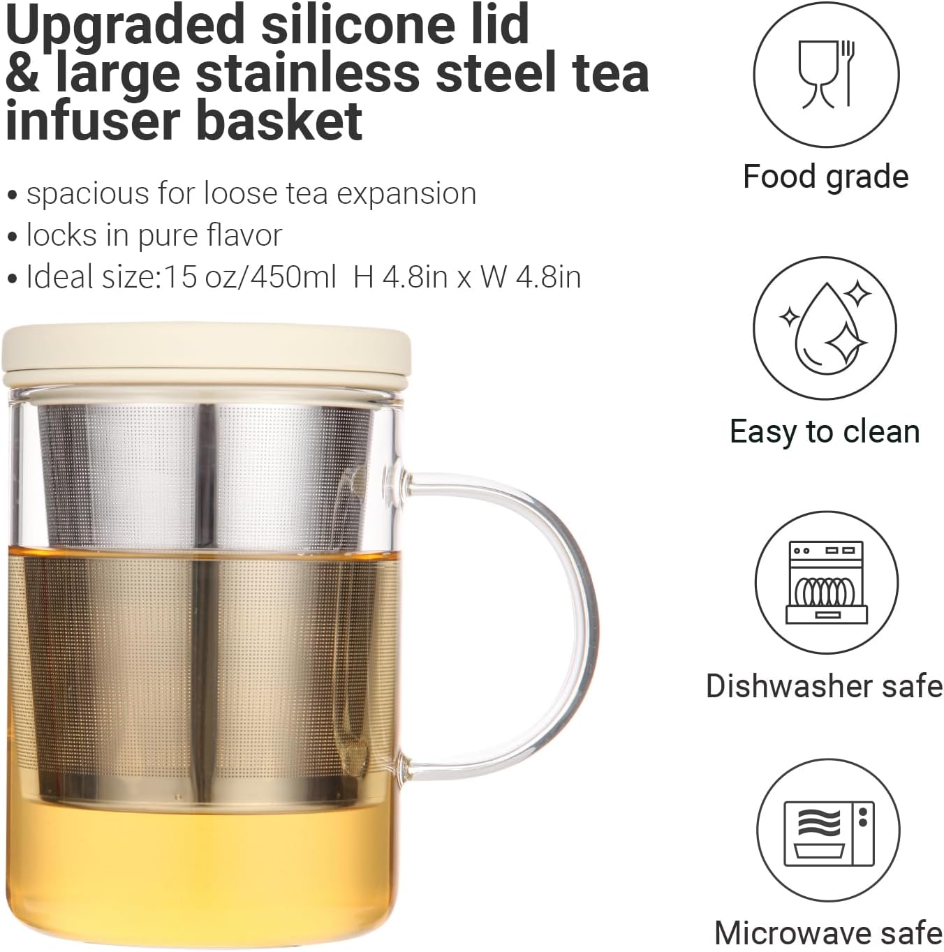 emoi 15 oz Glass Tea Cup with Infuser & Lid, Ideal for Loose Leaf Tea, Gray | Tea Mug with Extra Fine Mesh 304 Stainless Steel Steeper & Silicone Lid, Brew a Perfect Cup Easily at Home or Office