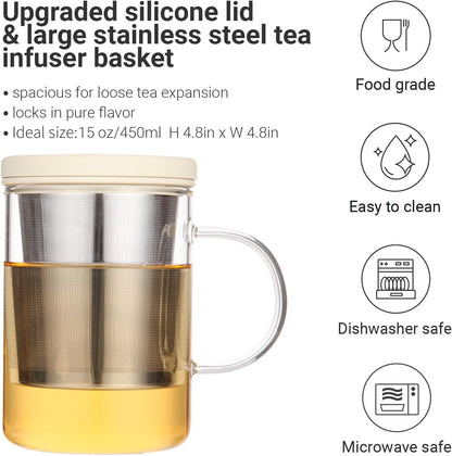 emoi 15 oz Glass Tea Cup with Infuser & Lid, Ideal for Loose Leaf Tea, Gray | Tea Mug with Extra Fine Mesh 304 Stainless Steel Steeper & Silicone Lid, Brew a Perfect Cup Easily at Home or Office