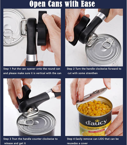 Side Cut Can Opener, Smooth Edge Manual Can Opener, Black