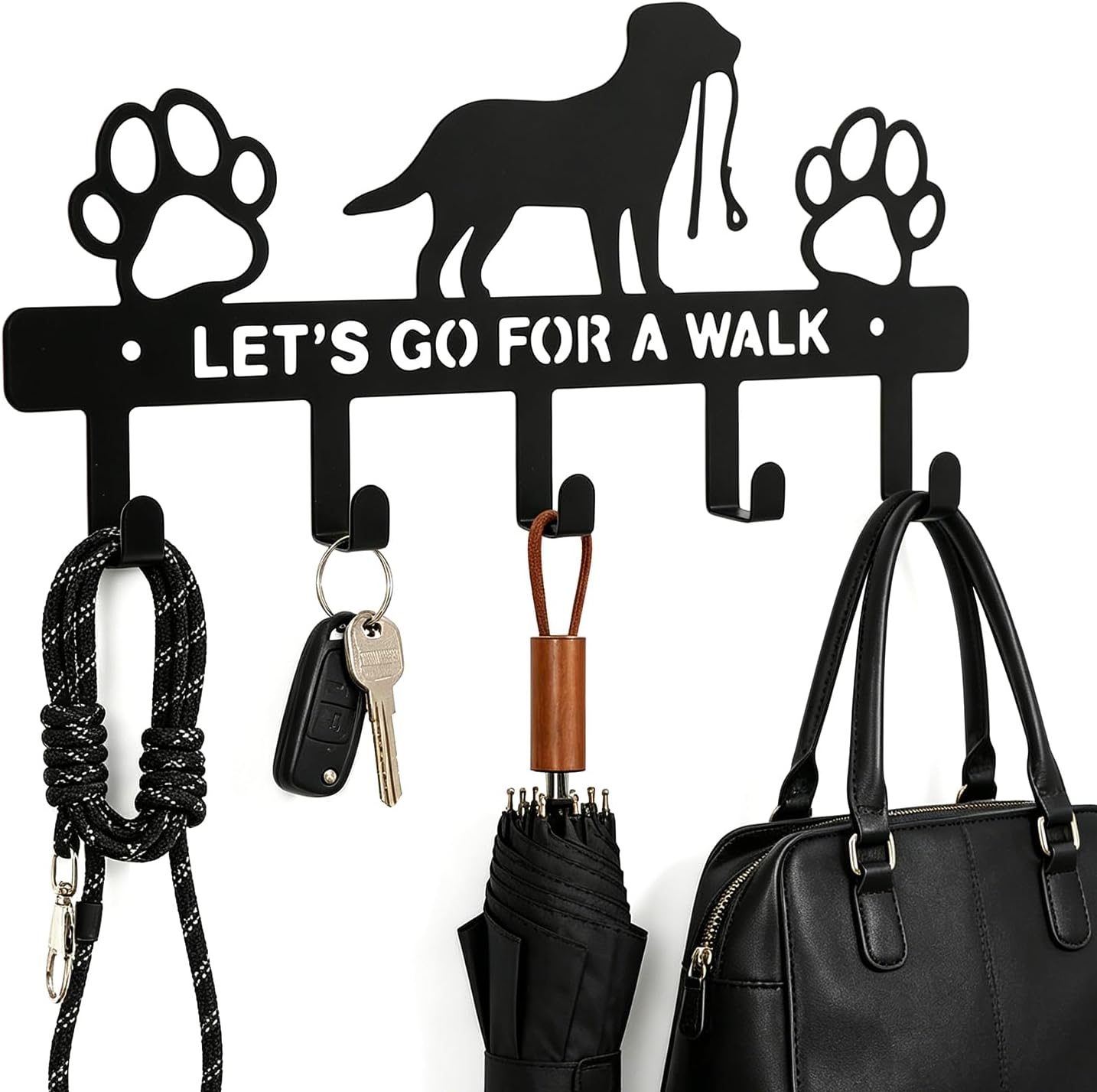 5-Hooks Dog Leash Holder for Wall, Metal Key Holder Leash Hooks,Pet Leash and Key Organizer, Screw Mounted Rack for Leashes Keys Collars, Entryway Garage Mudroom(10.6" × 4.9" × 0.8")