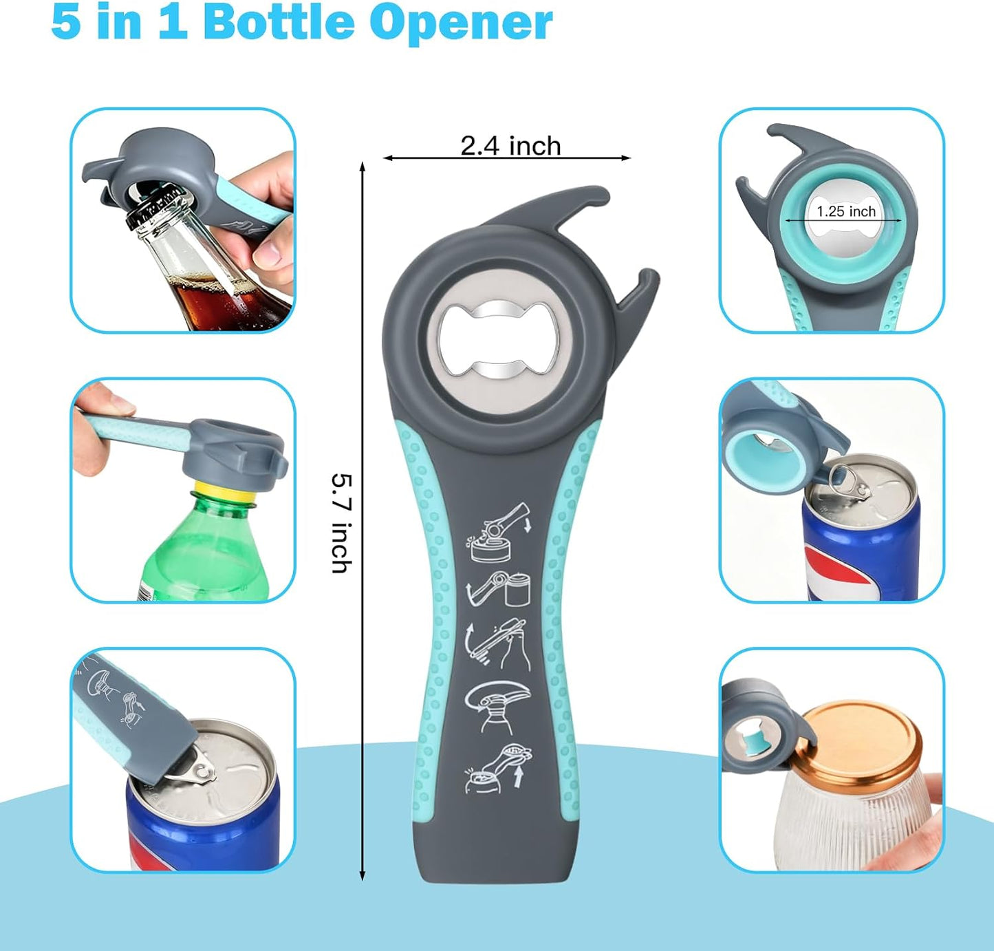 Jar Opener for Weak Hands, Seniors, Arthritis (Blue&Grey) | 3-Pieces Jar and Bottle Opener Set, 6-in-1 Multifunctional Jar Lid Opener Bottle Opener, Non-Slip Jar Opener Gripper Pad