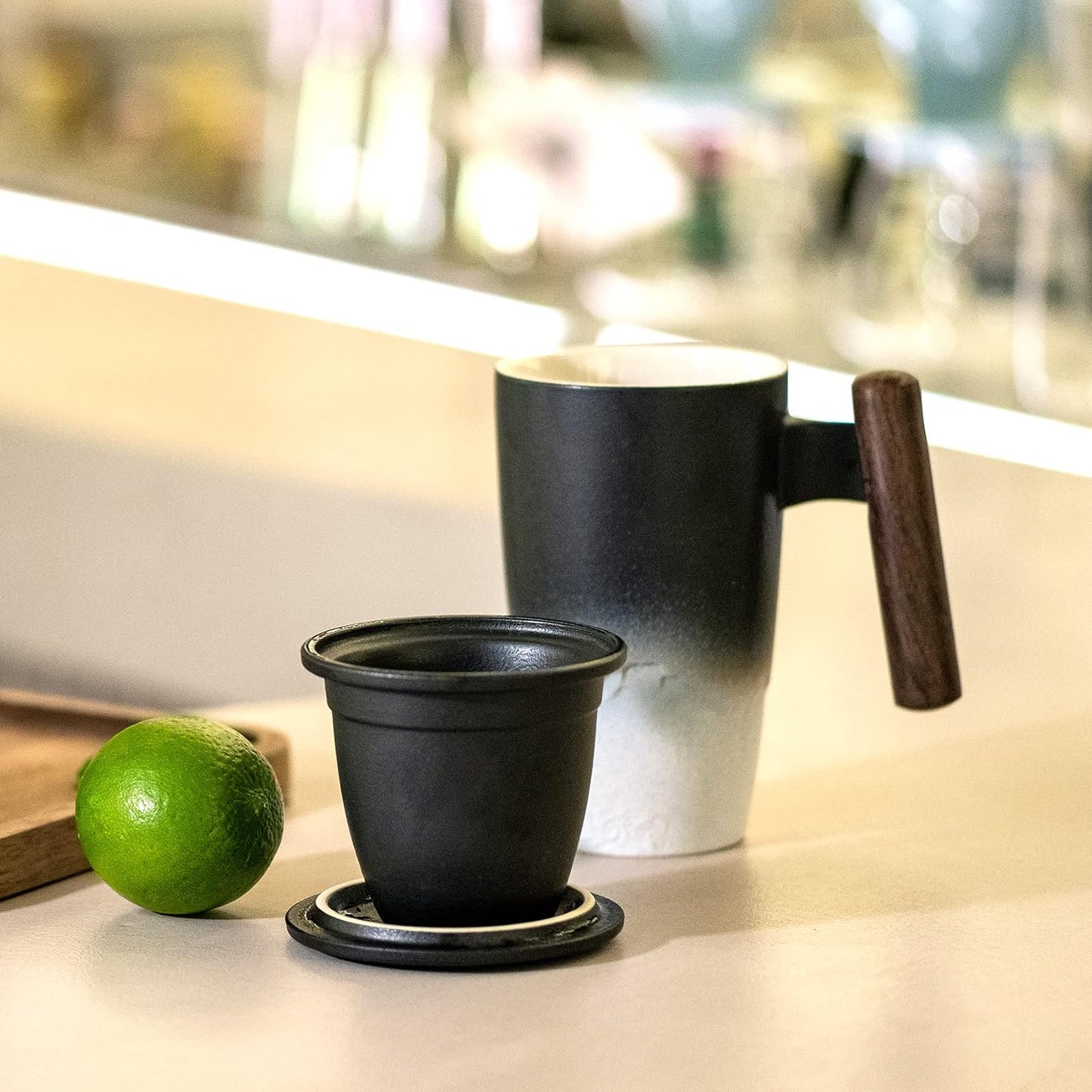 suyika Ceramic Tea Cup with Infuser and Lid Tea Mugs Wooden Handle 400ml/13.5oz Dark Green