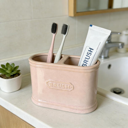 Dusty Pink Ceramic Toothbrush Holder，Bathroom countertop Organizer，Large Capacity
