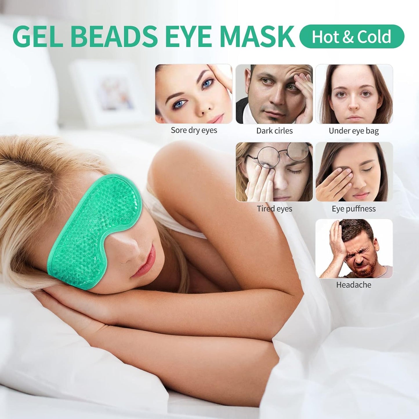 2PCS Gel Eye Mask Reusable Cold Therapy Gel Bead Eye Mask for Puffiness/Dark Circles/Eye Bags/Dry Eyes/Headaches/Migraines/Stress Relief (Blue)