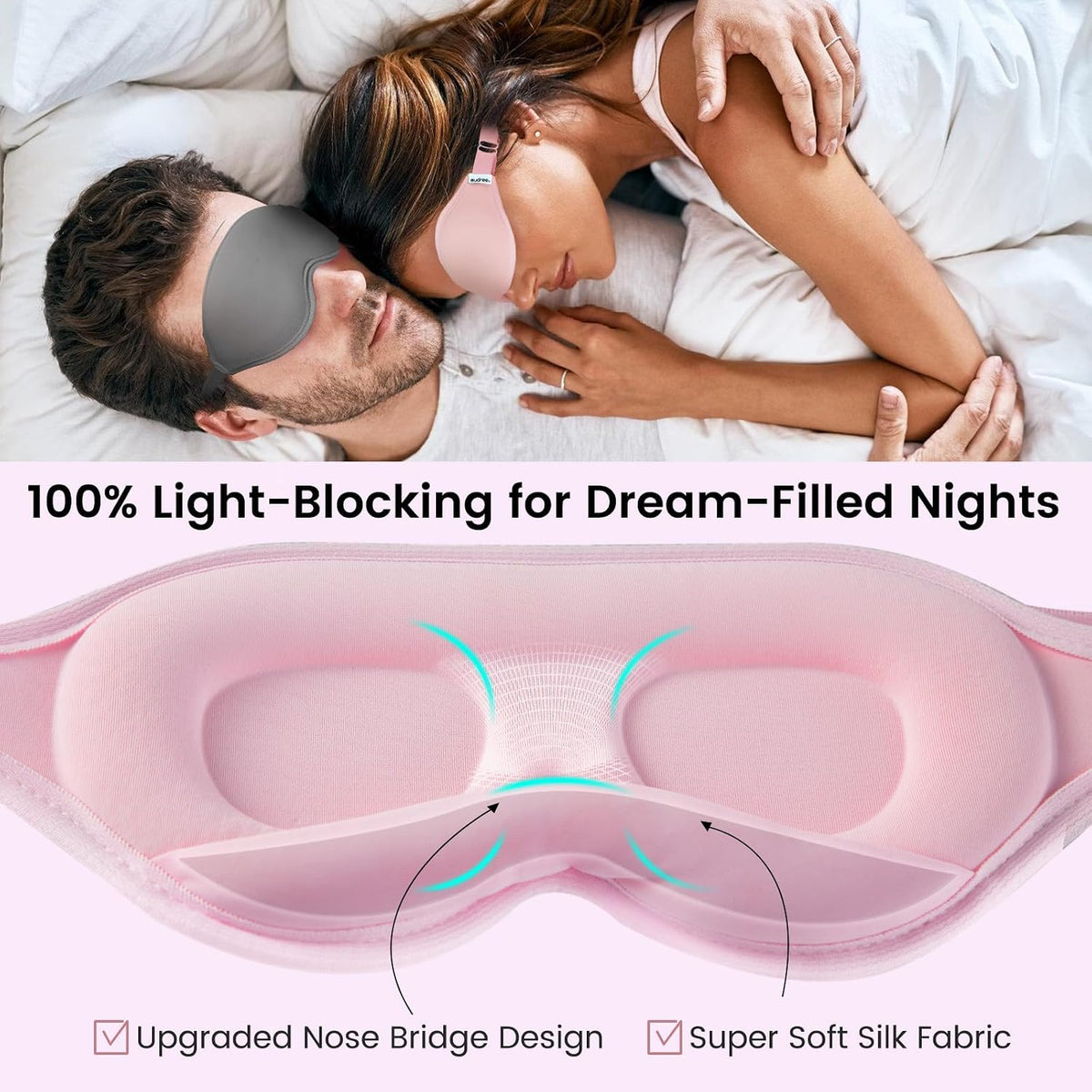 Audree Sleep Eye Mask for Men and Women - Perfect Blackout 3D Eye Mask for Restful Sleep | 100% Light Blocking with Nose Bridge Design | Soft Comfort Eye Shade Cover for Travel, Yoga, Naps (Gray)