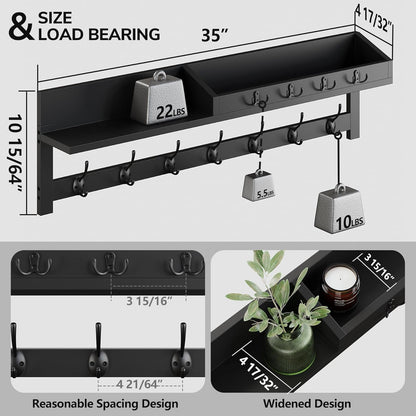 AMBIRD Wall Hooks with Shelf, 26.57 Inch Entryway Wood Coat Hooks for Wall with Shelf, Coat Rack Wall Mount with 5 Dual Hooks 3 Key Hooks Mail Organizer and Key Rack Holder (Brown)