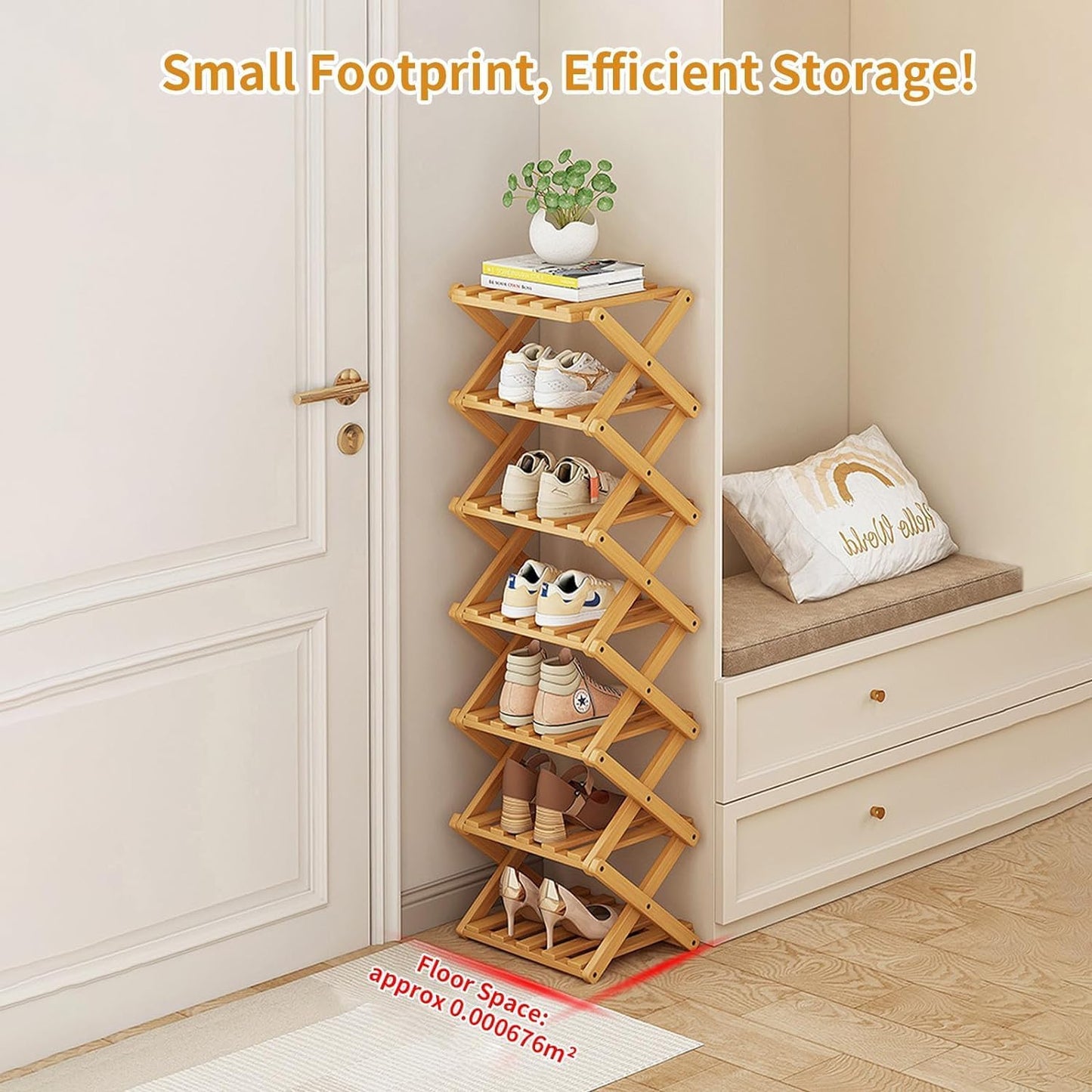 YYW Bamboo Shoe Rack for Entryway, Foldable Free Standing for Closet | Installation-Free Vertical Shoe Racks, Shoe Shelf for Living Room Bedroom, Easy To Assemble, Tawny 5 Layers