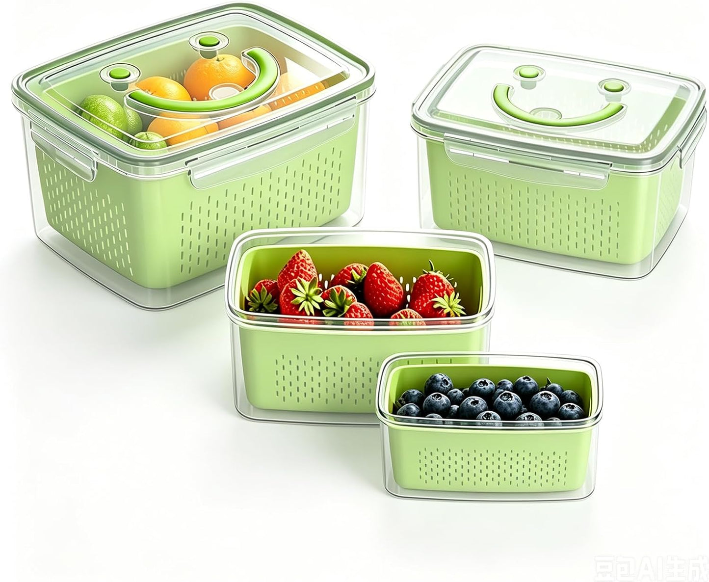 YudouTech 4 PCS Fruit Storage Containers for Fridge-Features removable Colander,All-in-One Fruit Washing Bowl & Colander,Microwave/Dishwasher Safe for Berry,Lettuce,Salad & Meat Fresh Longer,Green