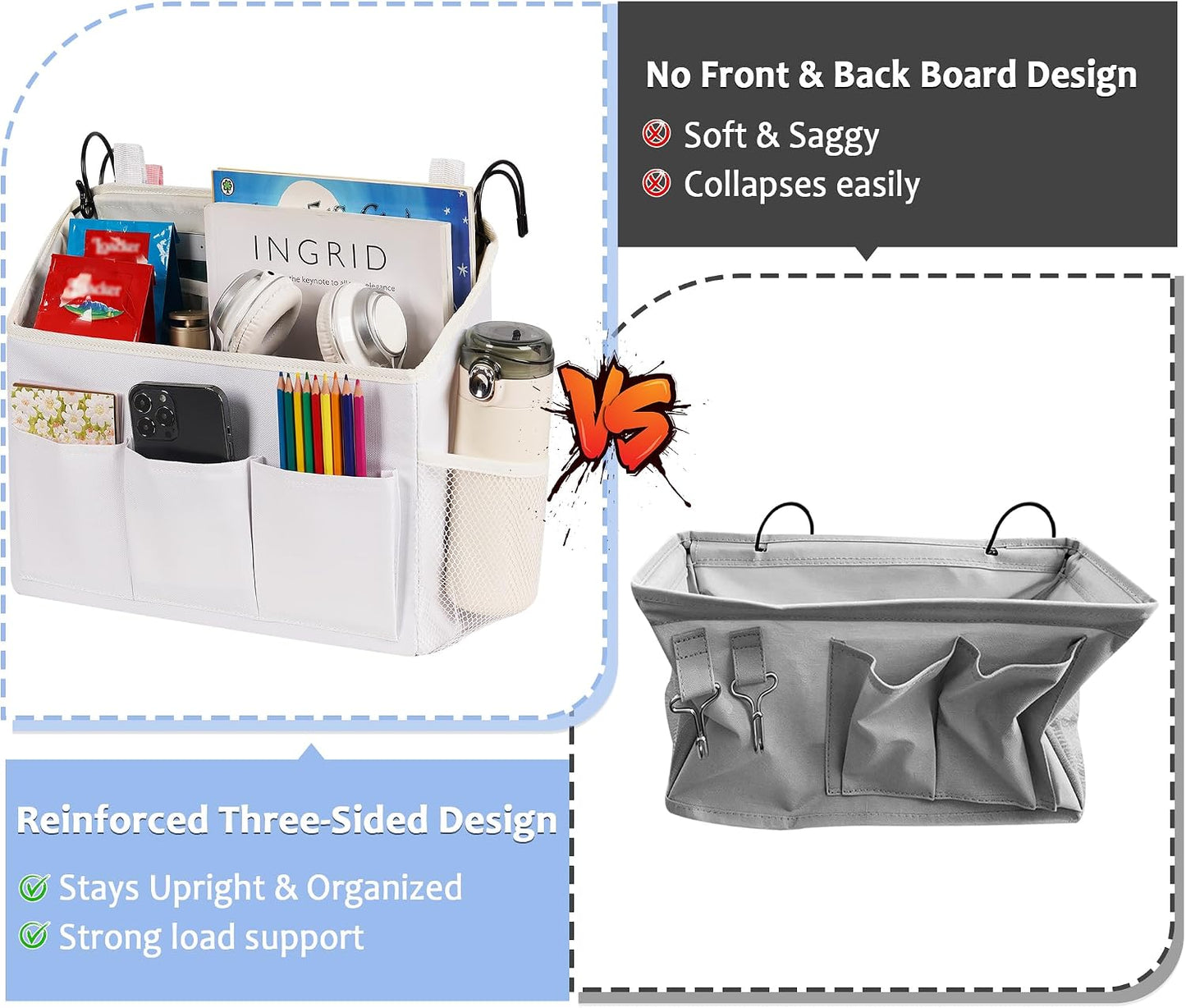 Loghot Bedside Caddy Organizer Bed Storage Bag for Dorm Hospital Crib White | 7 pockets bedside hanging organizer for phone books remotes, fits dorm hospital crib bunk beds, keeps organized easy access