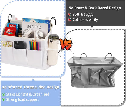Loghot Bedside Caddy Organizer Bed Storage Bag for Dorm Hospital Crib White | 7 pockets bedside hanging organizer for phone books remotes, fits dorm hospital crib bunk beds, keeps organized easy access