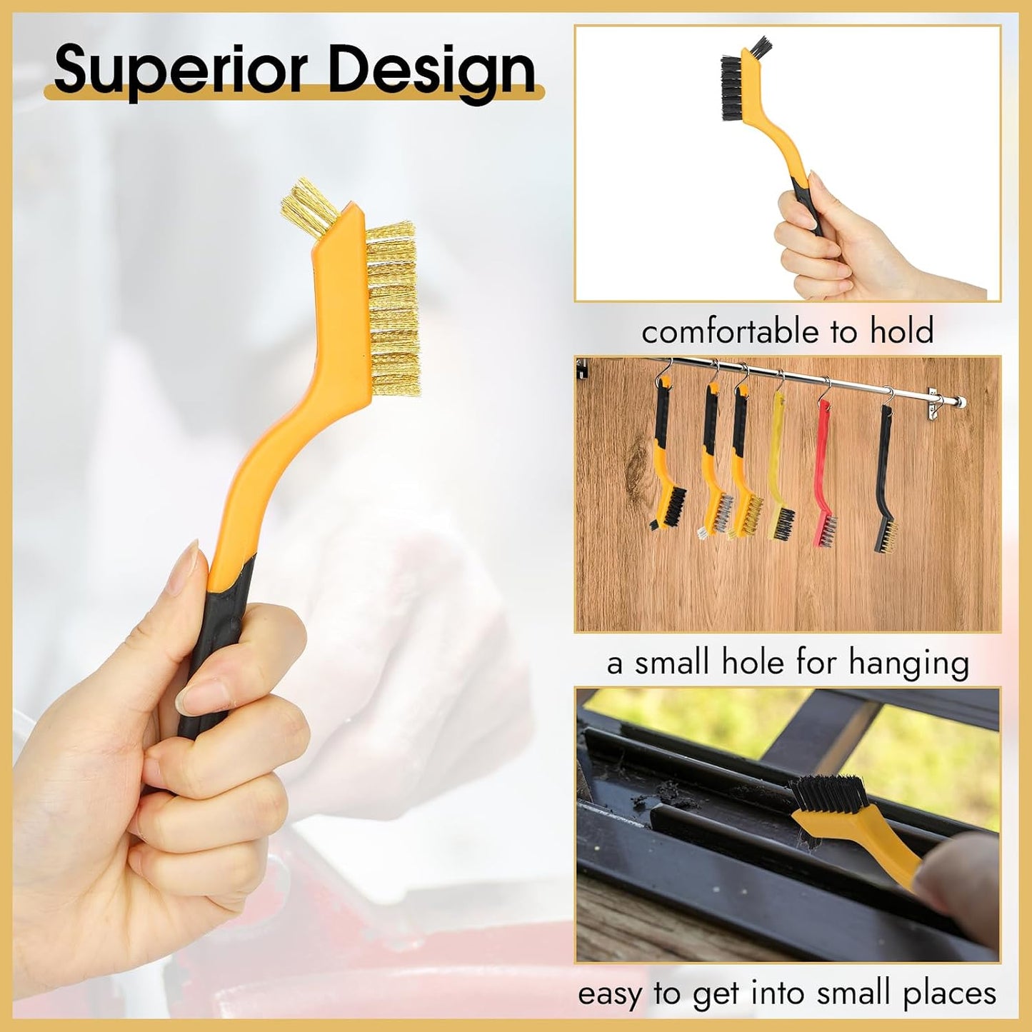 Wire Brush for Cleaning, Small Brass Steel Nylon Brush, Metal Rust Remover | 6 Pcs, Rust/Grease/Paint Removal on Metal/Wood/Grill, Curved Head for Tight Spots, with Hang Hole, Ergonomic Handle, 7 in