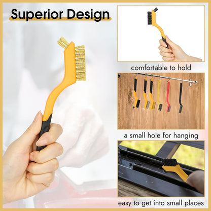 Wire Brush for Cleaning, Small Brass Steel Nylon Brush, Metal Rust Remover | 6 Pcs, Rust/Grease/Paint Removal on Metal/Wood/Grill, Curved Head for Tight Spots, with Hang Hole, Ergonomic Handle, 7 in
