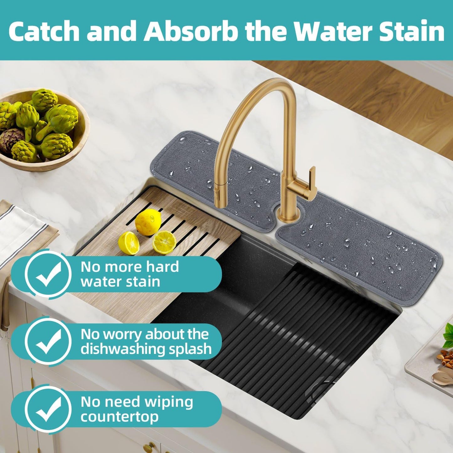 PoYang 4 Pack Faucet Mat for Kitchen Sink Splash Guard, Long 24x5.1 Inch | Super Absorbent Microfiber Faucet Mat, Catch Splashes and Drips, Machine Washable Sink Protectors for Kitchen, Bathroom & RV