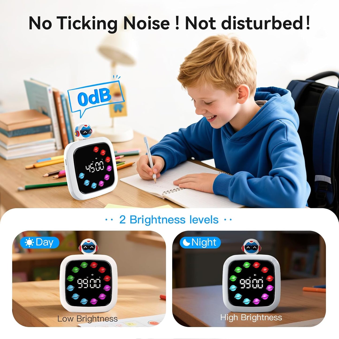 Yunbaoit Digital Visual Timer for Kids, 99-Minute Countdown, Rechargeable | 19 Music Alarm, Pause Function, 9 Optional DIY Color Planet Display, Robot Doll, for Study, Homeschool, Kitchen