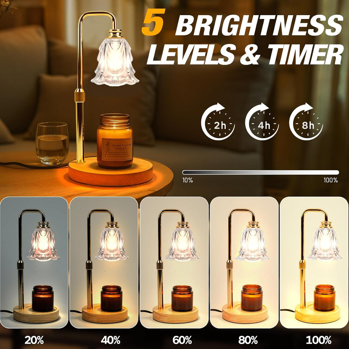 Candle Warmer Lamp with Timer and Dimmer, Electric Wax Warmers for Scented Candles with 5 Brightness Settings, Anti-Glare Lamp with Adjustable Height, Home Decor, Gift for Birthday, Valentines