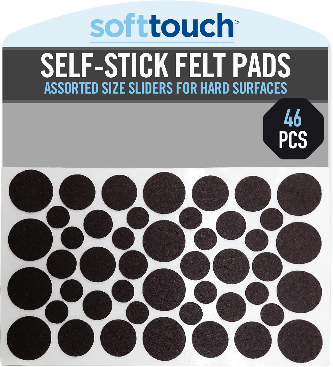 SoftTouch Assorted Size Round Mini Self-Stick Furniture Slider Felt Pads for Hard Surfaces, Noise-Reducing Adhesive Furniture Moving Pads for Beds, Sofas, Dressers, 46-Count, Brown