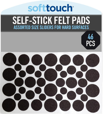 SoftTouch Assorted Size Round Mini Self-Stick Furniture Slider Felt Pads for Hard Surfaces, Noise-Reducing Adhesive Furniture Moving Pads for Beds, Sofas, Dressers, 46-Count, Brown