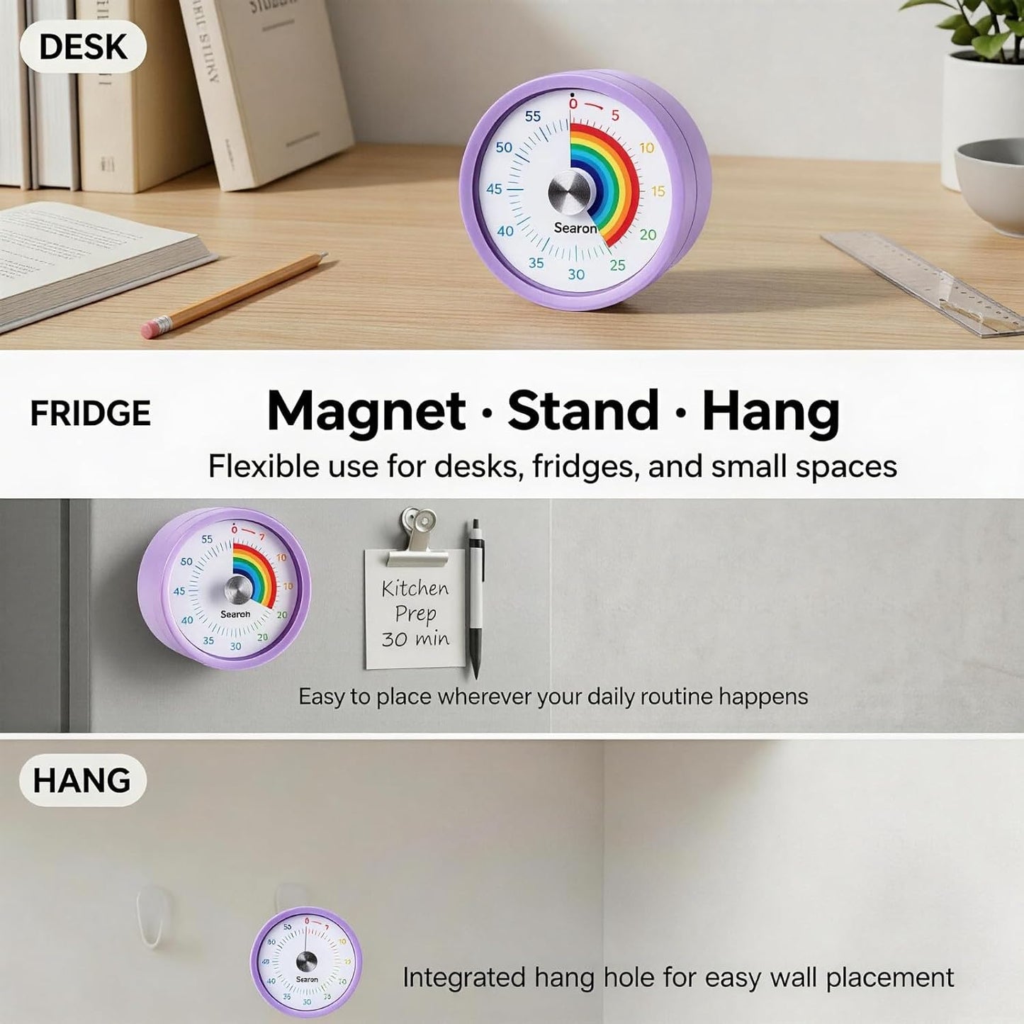 Searon Magnetic Visual Classroom Timer for Teachers, 60-Minute Countdown | No-Tick with Sound or Silent LED Alert, Pause, Magnet/Stand/Hang for Reading, Small Groups & Classroom Routines
