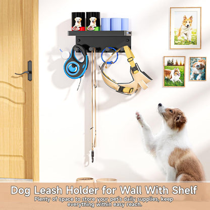 Dog Leash Holder for Wall, Key Holder Wall Mount, Metal Dog Leash Hooks, Pet Stuff Storage Shelf for Leash Hanger, Entryway Organizer Key Rack for Pet Collar, Treats, Toys, Mail (Black)
