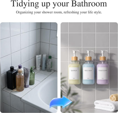 Shampoo and Conditioner Dispenser Wall Mounted Set of 3 - Shampoo Conditioner Body Wash Dispenser No Drill - White Shower Bottles Refillable with Labels and Stainless Steel Pumps 500ML/16.9oz